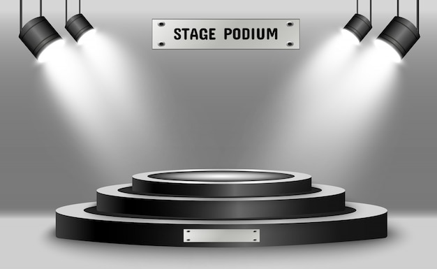 Vector round podium, pedestal or platform, illuminated by spotlights in the background.  illustration. bright light. light from above. advertising place