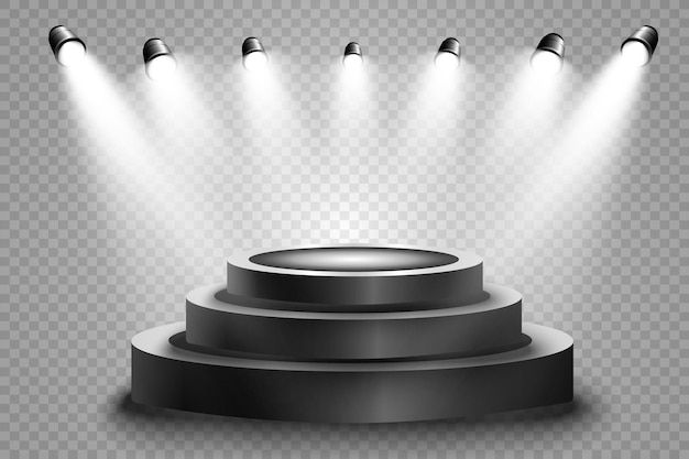 Round podium, pedestal or platform, illuminated by spotlights in the background.