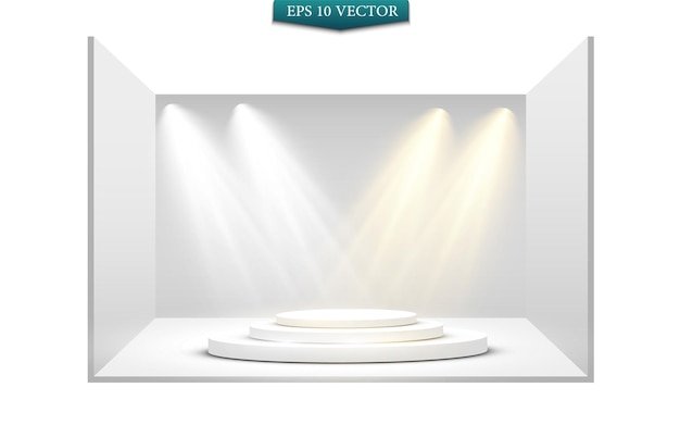 Round podium pedestal or platform illuminated by spotlights on a white background Platform for desig