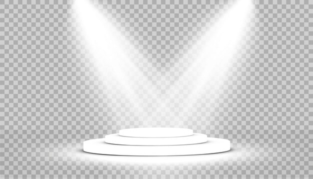 Round podium pedestal or platform illuminated by spotlights on a white background Platform for desig