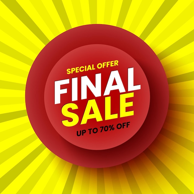 Round red final sale banner on yellow striped background up to 70 off Vector illustration