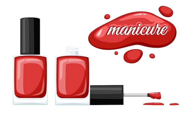 Round red glossy nail polish bottle with black cap.   illustration on white background. Manicure concept. Opened bottle and drop of nail polish.