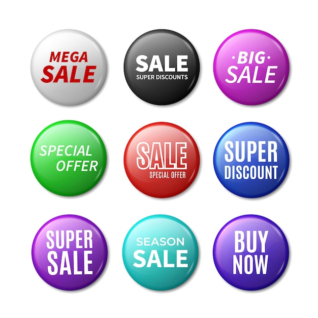 Round sale badges 3D promotional brooches Collection of circle tags with white lettering Advertising labels Special offer or discount signs Glossy surface with text vector set