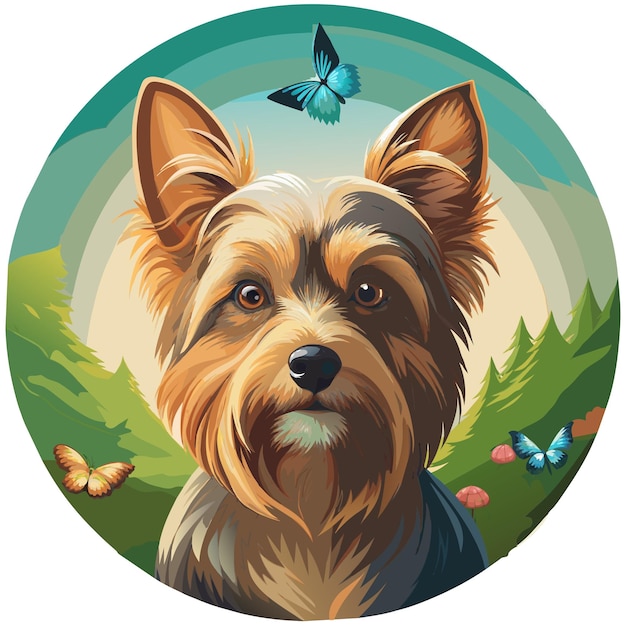 Vector round shape sticker yorkshire terrier butterflies tshirt logo vector design