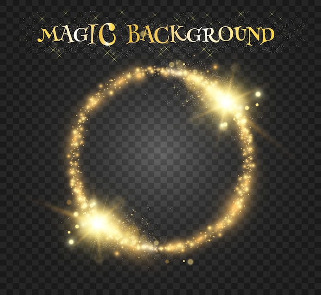 Round shiny Beautiful light. Magic circle. Round gold shiny frame with light bursts.