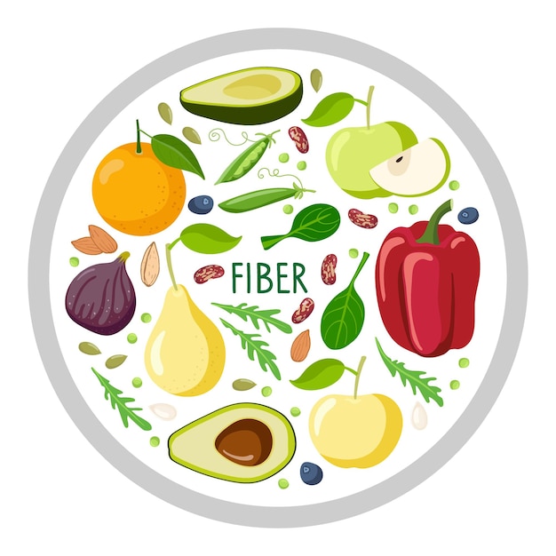 Round sign with fiber food Food macronutrients High fiber food for healthy nutrition