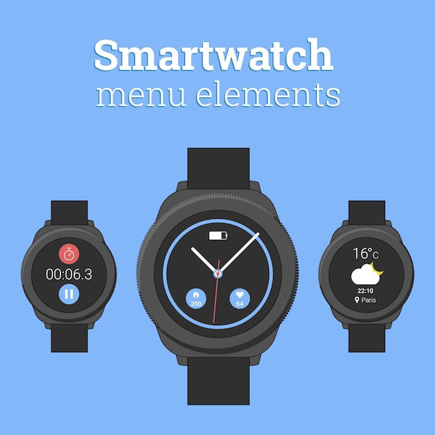 Round smartwatch with weather forecast, watch face and stopwatch in modern flat design