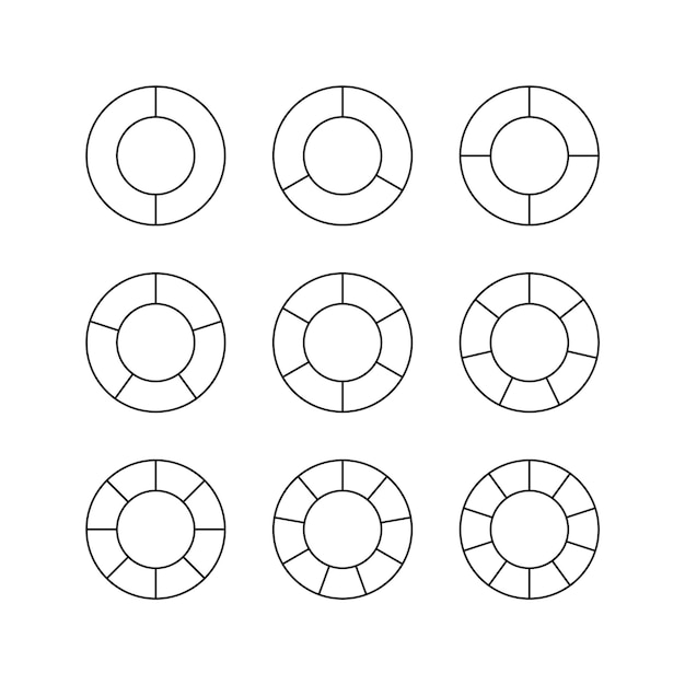 Round structure graph Set of outline circular chart Piechart with segments and slices Pie diagram divided into pieces