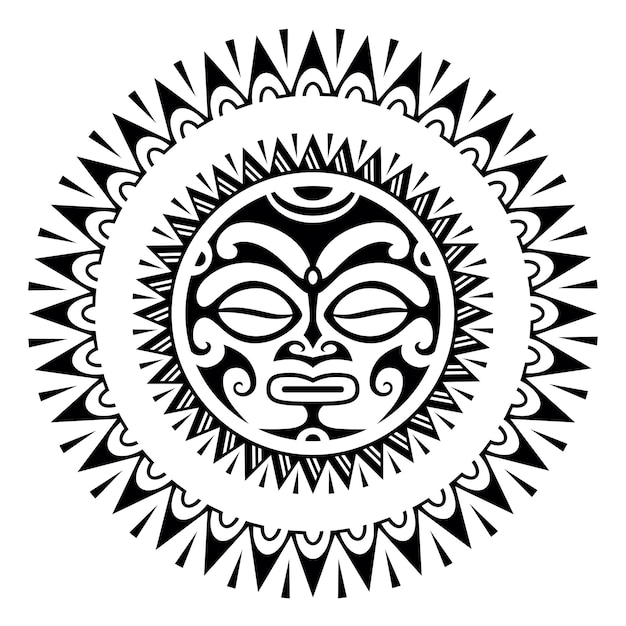 Vector round tattoo ornament with sun face maori style african aztecs or mayan ethnic mask black and white