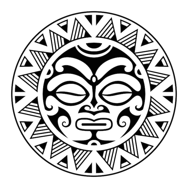 Round tattoo ornament with sun face maori style African aztecs or mayan ethnic mask