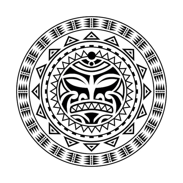 Vector round tattoo ornament with sun face maori style african aztecs or mayan ethnic mask