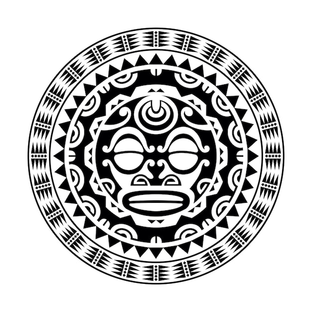 Vector round tattoo ornament with sun face maori style african aztecs or mayan ethnic mask