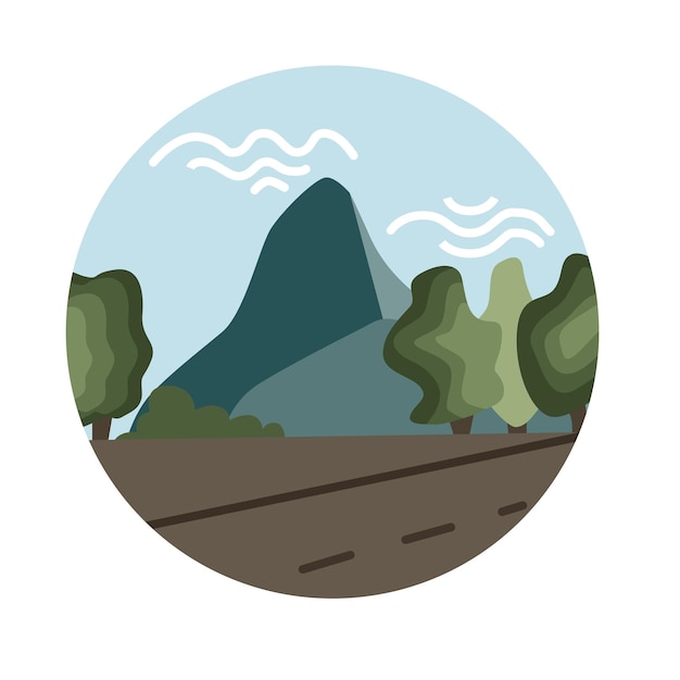 Round travel emblem with mountain and road