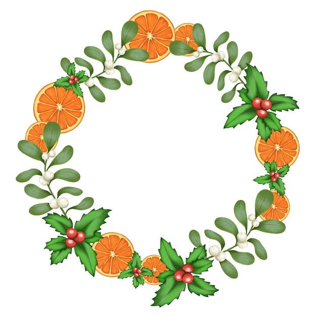 Round vector frame with holly leaves, oranges and mistletoe branches.