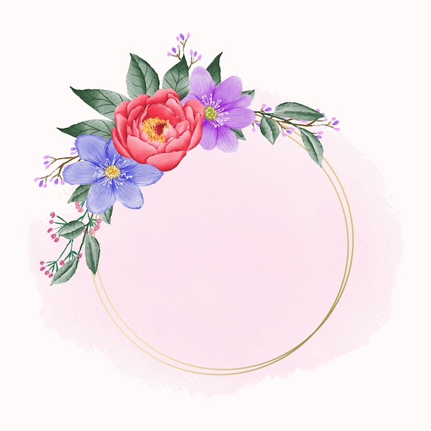 Round watercolor floral frame with peony and leaves Premium Vector