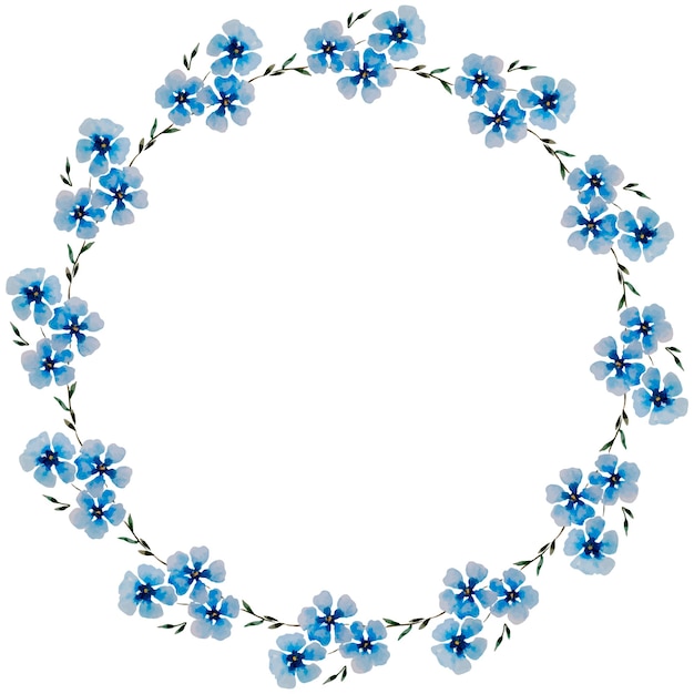 Round Watercolor Wreath With Blue Flowers On A White Background