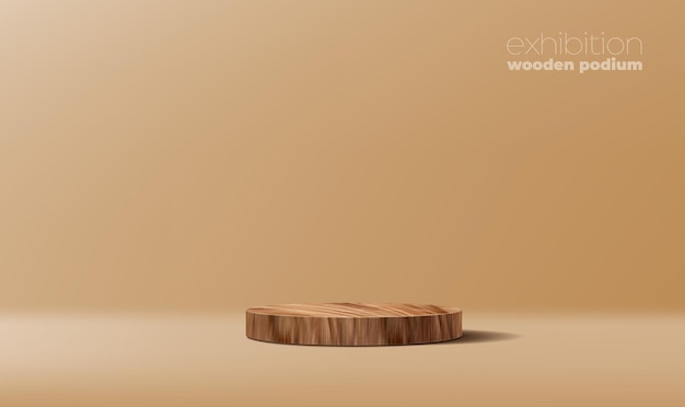 Vector round wooden podium empty stage 3d vector mockup