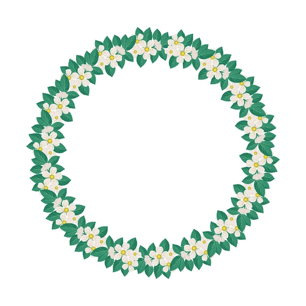 Round wreath of cherry or apple tree Frame with white flowers Spring blooming composition with buds and leaves Festive decoration for wedding holiday postcard and design Vector flat illustration