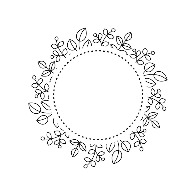 Round wreath with doodle leafy twigs wild herbs plants berries