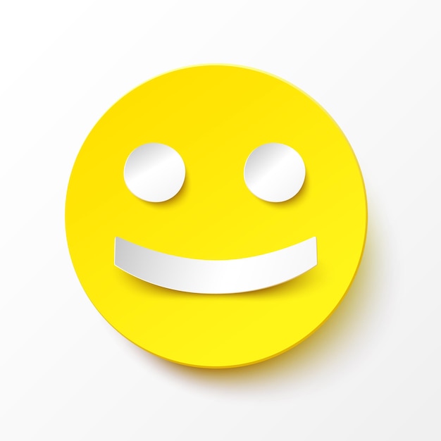 Round yellow smile in paper style with a realistic shadow. Vector happy face illustration