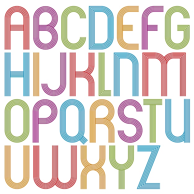 Rounded big jolly cartoon uppercase letters, striped colorful font on white background.