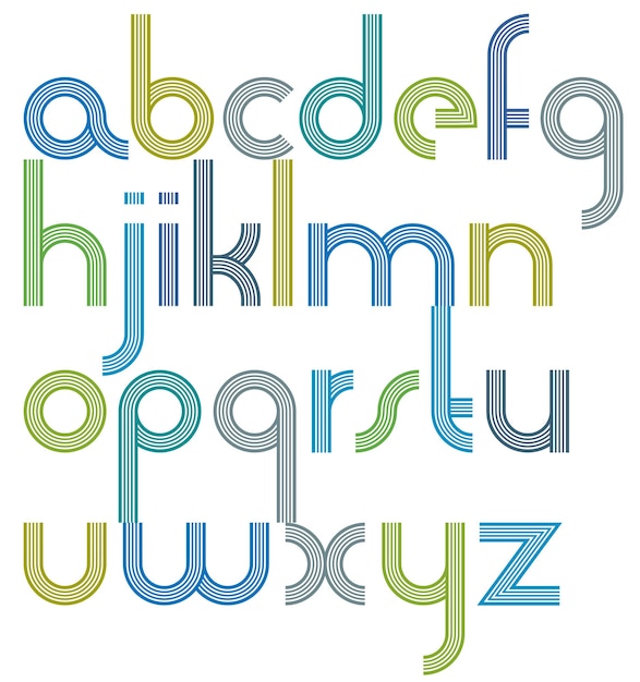 Rounded light joyful parallel cartoon lowercase letters, striped colorful font on white background.