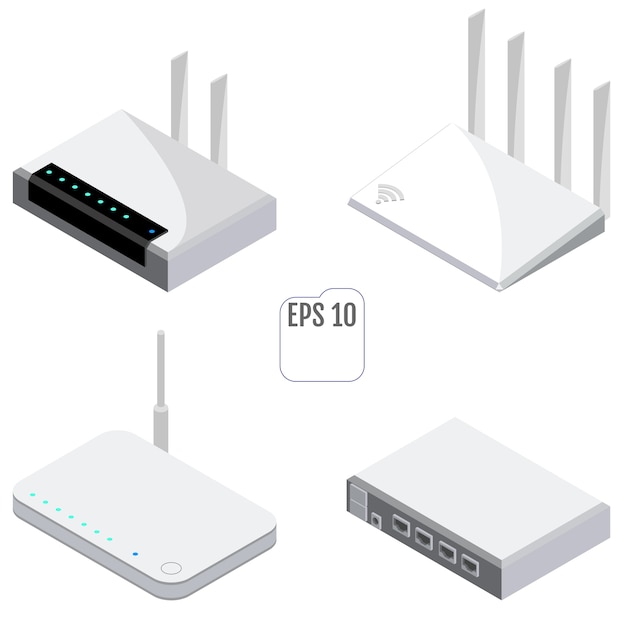 Router isometric icons set. Set of wifi router for web design. Isolated