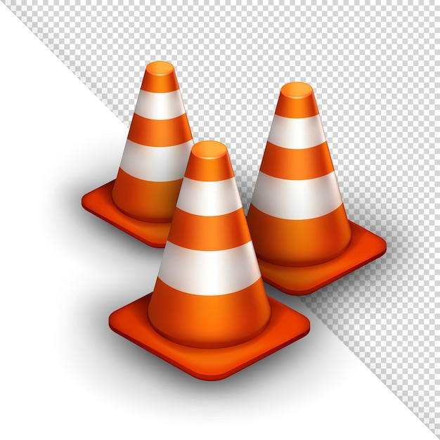 Row of 3d traffic cones with orange and white stripes. Barrier sign for construction or highway road