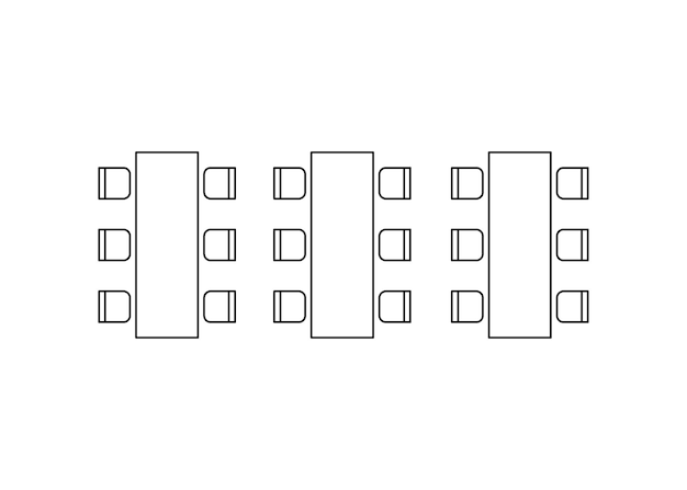 Row arranging seats and tables in interior layout graphic outline icons in scheme architectural plan