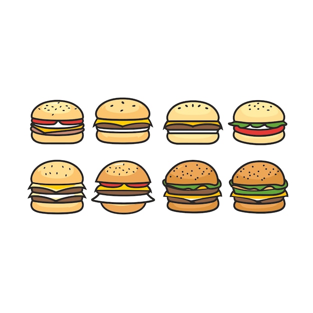 Vector row cartoon hamburgers diverse styles toppings buns cheese assorted cheeseburgers cartoon