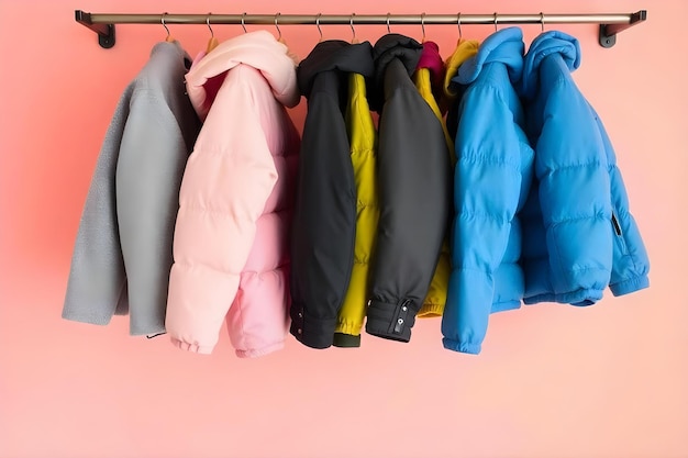 Vector a row of coats hanging on a rack with a pink wall