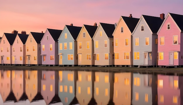 Vector a row of colorful houses with gabled roofs are reflected in a calm lake at sunset the houses are painted in shades of pink blue yellow and green