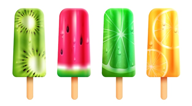 A row of colorful ice creams with different flavors of watermelon, orange, and lime.