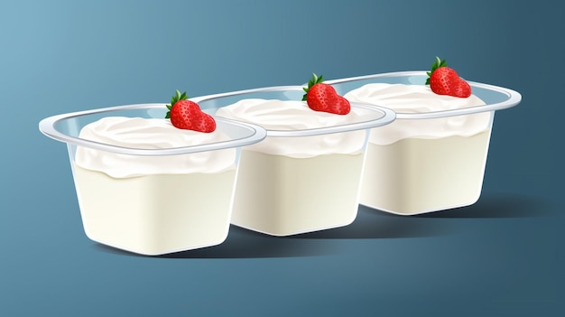 Vector a row of four containers of yogurt with strawberries on top