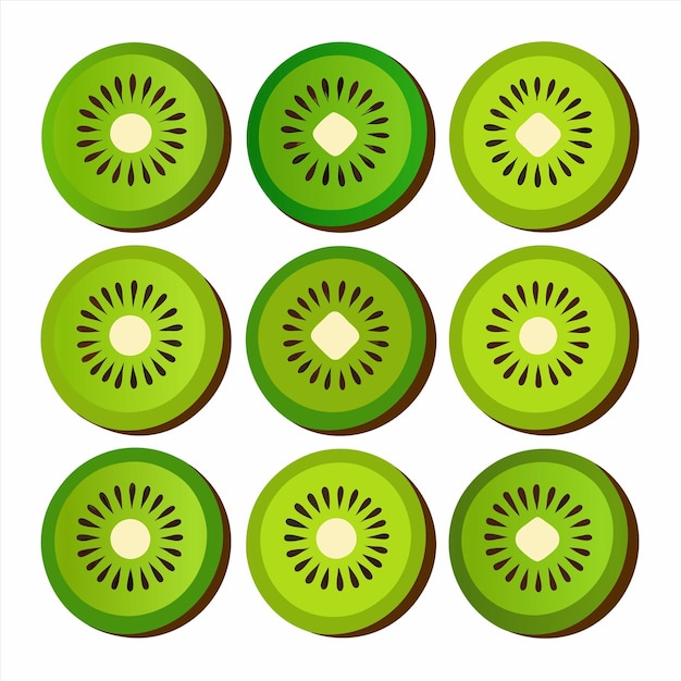 Vector a row of kiwi slices with a green center and the middle one with a white background