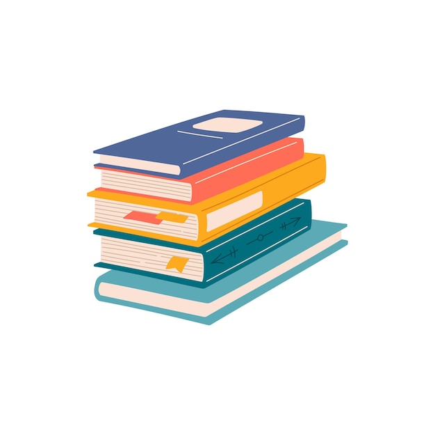 Row of textbooks in color hardcovers isolated stacked books with bookmarks flat cartoon style learning materials Vector studying reading bibliography objects educational source of information