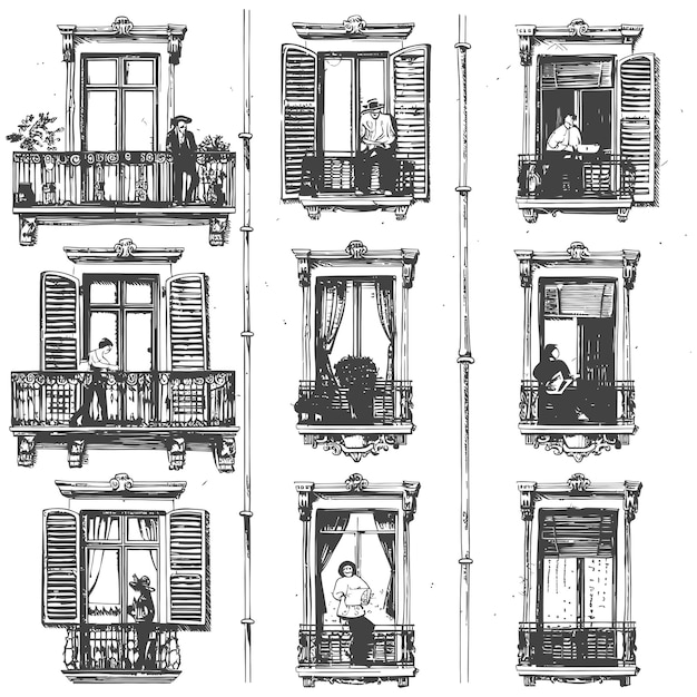 A Row of Windows with People Looking Out From Balconies