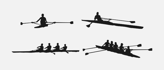 Vector rowing silhouette collection set water sport race transport teamwork concept different pose vector