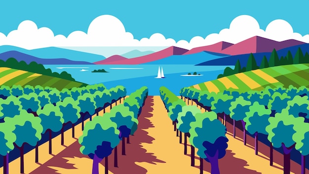 Vector rows of ripe wine grapes plants on vineyards in cotes de provence with blue sea near sainttropez