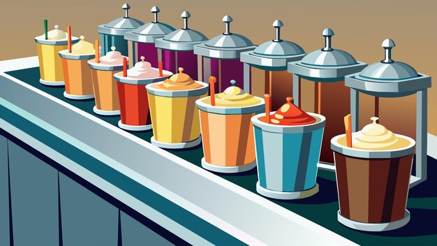 Vector rows of shiny metal containers filled with different flad syrups lined up on the sundae bar vector