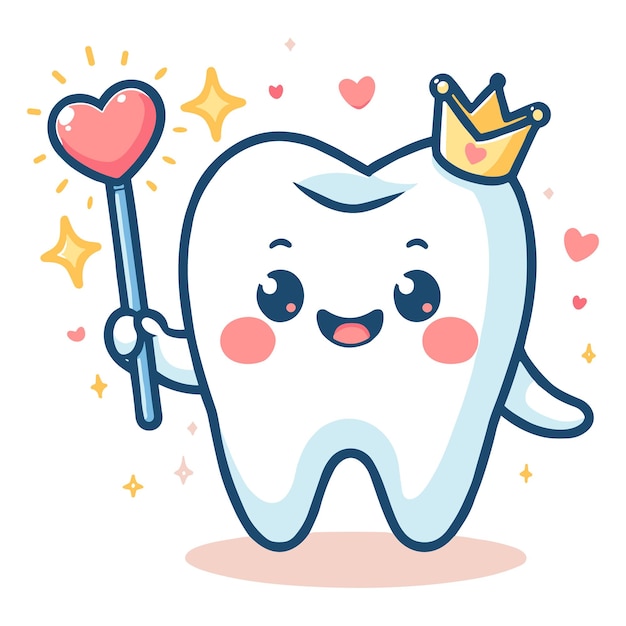 Royal Cartoon Tooth with Heart Wand and Crown Illustration