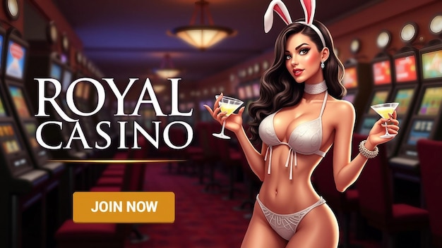 Vector royal casino advertisement with glamorous model holding drinks