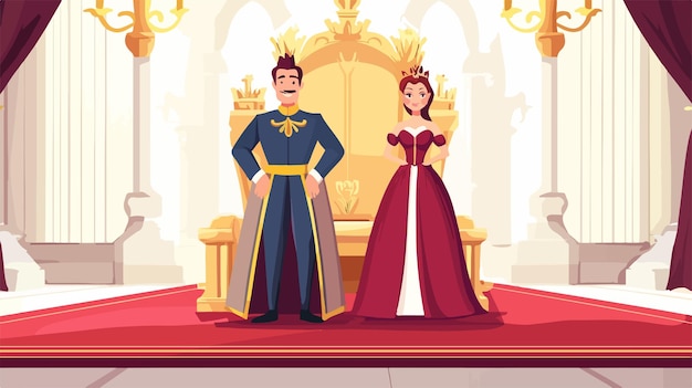 Vector royal couple standing on red carpet in front dignified and elegant image for design projects