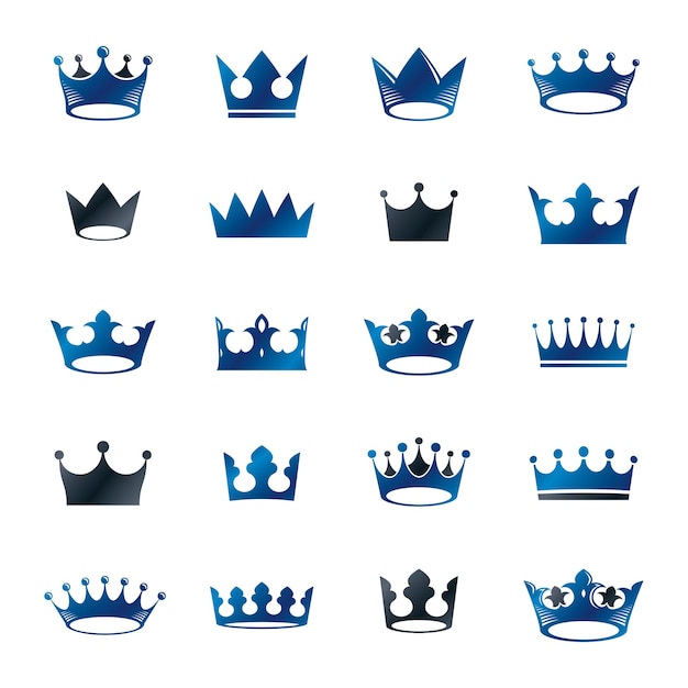 Royal Crowns ancient emblems elements set. Heraldic vector design elements collection. Retro style label, heraldry logo.