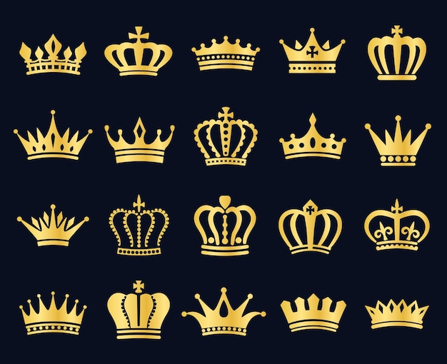 Royal gold king crowns icon silhouette, heraldic crown elements. Vintage royalty symbol, golden queen diadem, princess tiara vector icon set. Elegant award, majestic symbol of wealth