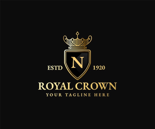 Royal golden shield crown king queen logo template majestic coronet and luxury tiara silhouette