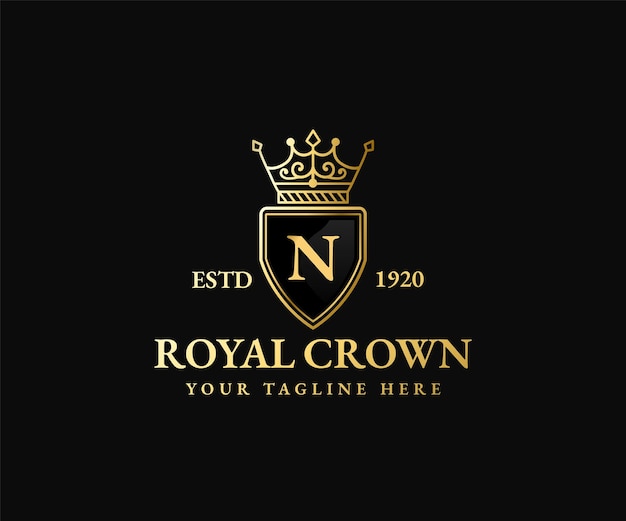 Royal golden shield crown king queen logo template majestic coronet and luxury tiara silhouette