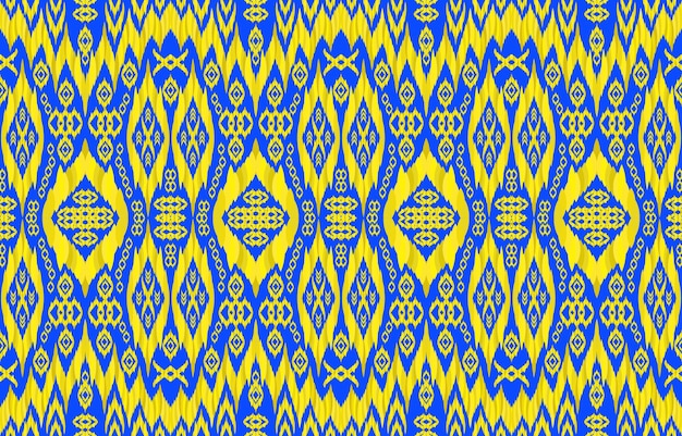 Royal golden yellow ethnic ikat patterns on blue background. Geometric tribal elegant luxury style.