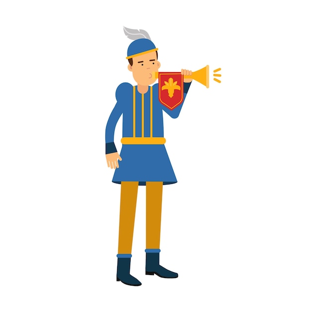 Royal herald medieval character with trumpet, colorful vector Illustration on a white background