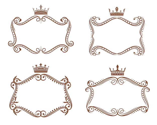 Royal heraldic frames and borders with crowns and floral elements, heraldry. Vintage vignettes of brown victorian flourishes, leaf scrolls and vine swirls, topped by crowns with fleur-de-lis